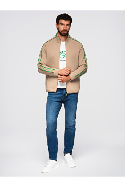 OMBRE Pánská bunda na zip s pruhy a vysokým límcem - hnědá V1 OM-SSZP-0224