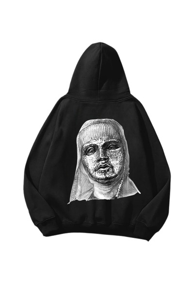 Gofeel Тъжна монахиня, отпечатана на черна унисекс суитшърт с качулка
