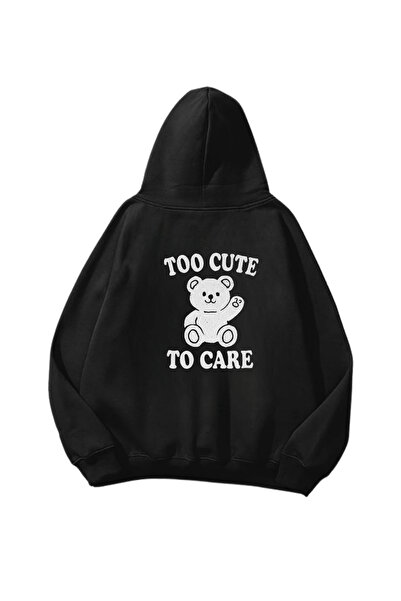 Gofeel سويت شيرت بقلنسوة أسود كبير الحجم مطبوع عليه Too Cute To Care للجنسين