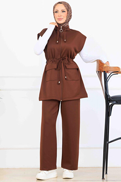 benguen Waist-Tied Scuba Double Suit N5375 Brown