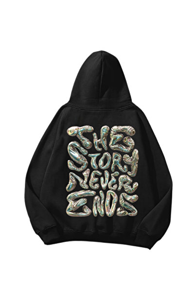 1blood The Story Never Ends με τύπωμα Μαύρο oversized Unisex Φούτερ με κουκούλα