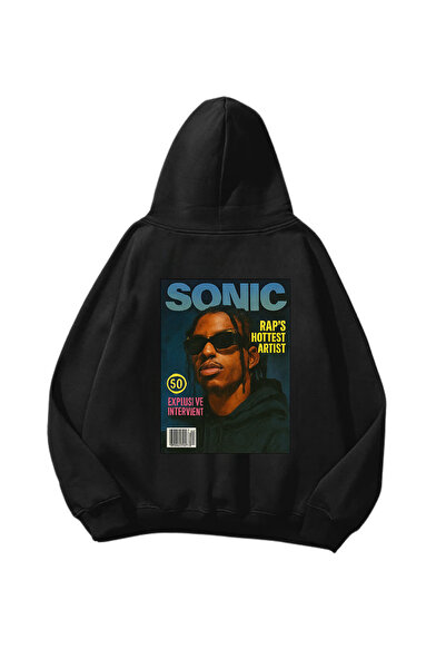 weywot سويت شيرت بقلنسوة أسود كبير الحجم مطبوع عليه سونيك للجنسين