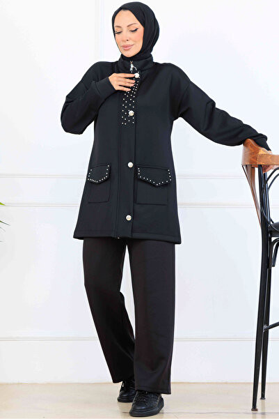 benguen Bead Detailed Scuba Double Suit N5334 Black