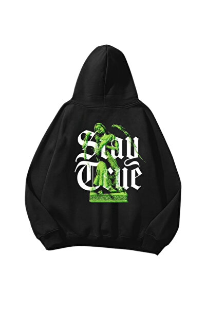 Gofeel Stay True Štampano Crna Oversize kroj Unisex majica sa kapuljačom