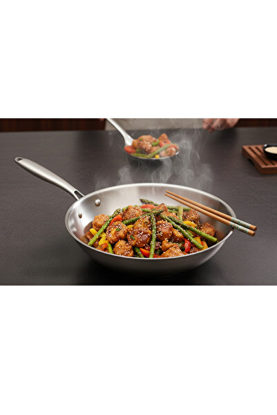 ALSAIF KITCHEN 34cm Professional Stainless Steel Wok Pan - Heavy-Duty 18/10 Grade