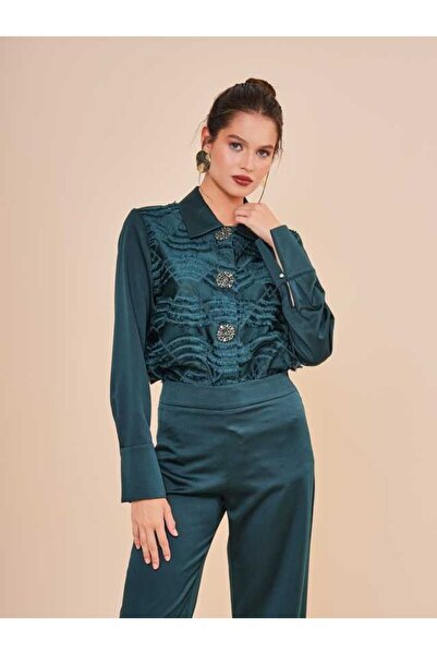 SERPİL Dantel Dokulu Düğme Detaylı Uzun Kollu Kadın Gömlek 50850