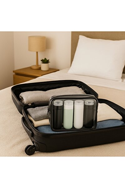 Trizand Set calatorie avion 4 recipiente 90ml cu geanta transparenta rezistenta la lichide