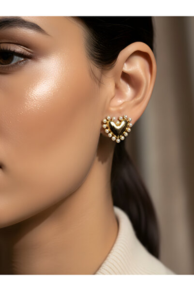 TURBİJ أقراط ذهبية بتفاصيل اللؤلؤ على شكل قلب |   أقراط نسائية أنيقة من فئة V...