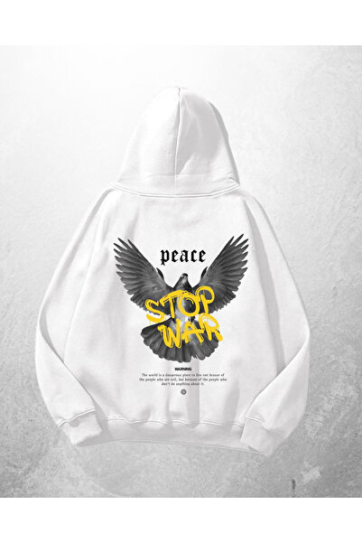 Gofeel Hanorac alb unisex Peace Stop War cu imprimeu supradimensionat Swea tr...