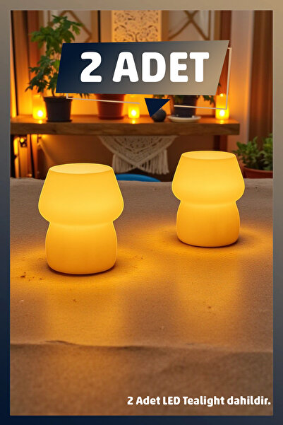 AHWALL Minimal 2 adet Tealight Pilli Mantar Lamba, LED Işıklı Mumluk