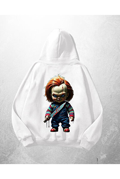 Gofeel Hanorac alb unisex Chucky cu imprimeu supradimensionat Swea tricou
