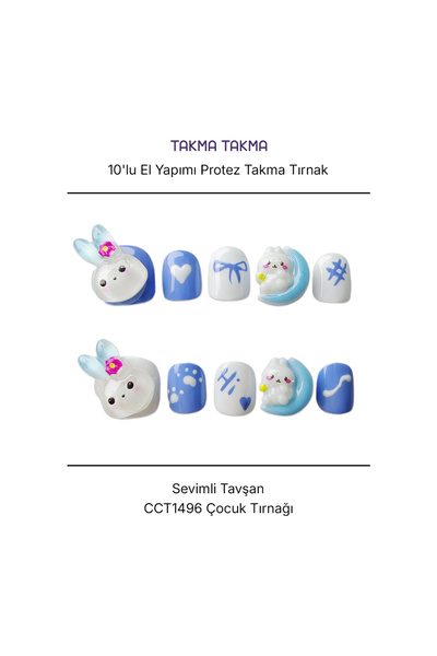 Takma Takma Takma Tırnak Nail Art Mavi S Beden Uzun Badem 10'lu El Yapımı Jel...