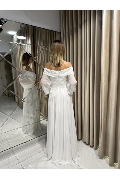 Kaleiçi Yıldızlar Beyaz Şifon Balon Kollu Abiye 1052