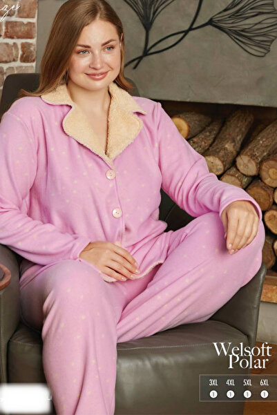 bigiyin Plus Size Buttoned Fleece Pajama Set Plus Size Winter Women's Pajama Set