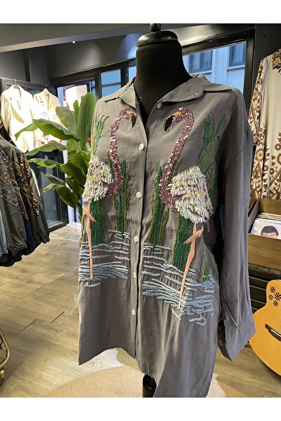 Forever Kadın Taşlı Nakış İşlemeli Uzun Kollu Pamuk Gömlek