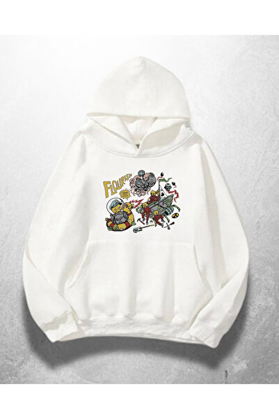 1blood سويت شيرت بقلنسوة كبير الحجم مطبوع عليه فور سكواد باللون الأبيض للجنسين