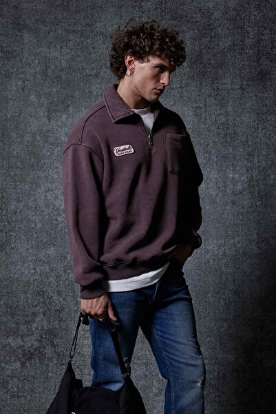 ablukaonline Ανδρικό φούτερ με μισό φερμουάρ Oversize καφέ