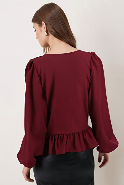 armonika Women's Burgundy Front Tie Blouse with Ruffled Hem and Elasticated Sleeves Arm-26K001019
