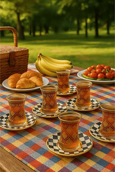 Jenisa 12 Pieces Gold Gilt Patterned Glass Tea Cup and Checkerboard Patterned Tea Saucer - Tea Set