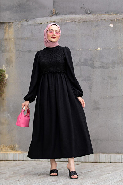 Tesettür Diyarı Dantelli Robalı Melaj Keten Tesettür Elbise- Siyah