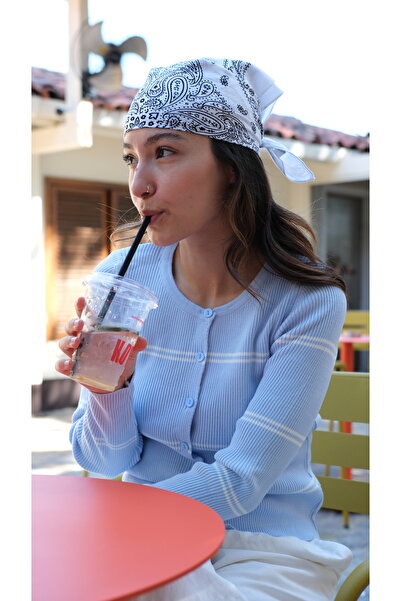 Butik Una Fiaba-Mavi Kadın Bisiklet Yaka Çizgili Düğme Detaylı Triko Hırka