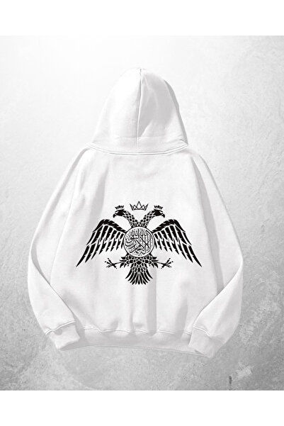 Gofeel Hanorac alb unisex cu cap dublu de vultur cu imprimeu supradimensionat...