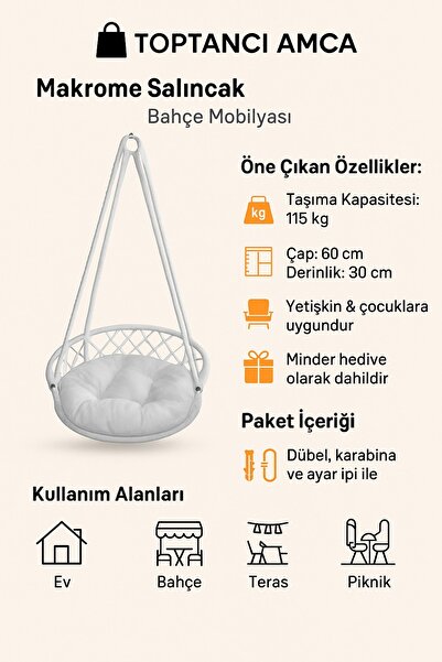 Toptancı Amca Makrome Tavan Salıncak Askılı Minderli Oturma Salıncağı | Balkon Bahçe İçin El Örgüsü Askı Koltuk