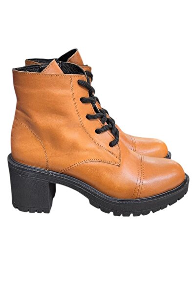 TUFAN SHOES Taba Hakiki Deri Bağcık Detay Yandan Fermuarlı Kalın Topuk Bot