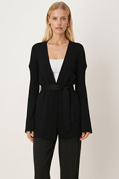 armonika Women's Black Belted Knitwear Kimono Arm-26K001011