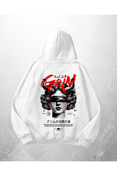 Gofeel Hanorac alb unisex Grim cu imprimeu supradimensionat Swea tricou