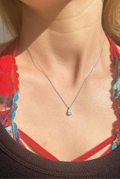 Spossy Silver Jewelry Beyaz Taşlı Minimal Damla Kolye