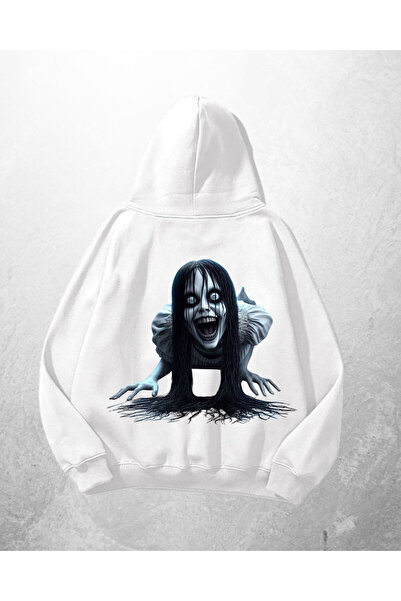 1blood سويت شيرت بقلنسوة كبير الحجم مطبوع عليه مومو باللون الأبيض للجنسين