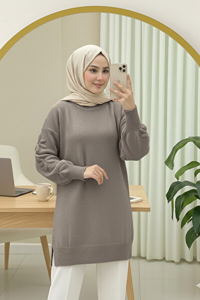 FERHEL Kolu Çiçek Detaylı Yumoş Triko Kazak Tunik