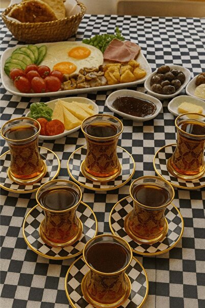 Jenisa 12 Pieces Gold Gilt Patterned Glass Tea Cup and Checkerboard Patterned Tea Saucer - Tea Set