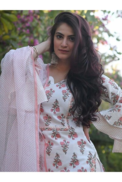 MYSMAR White Viscose Cotton Salwar Kameez Dupatta - ALV1433 | White