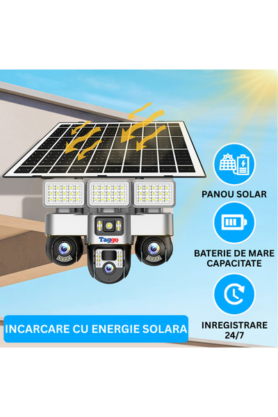 Taggo Cameră de securitate 4G cu alimentare solară, 12MP, detectare mișcare și sunet, vedere nocturnă