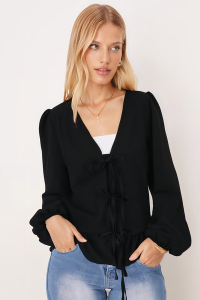 armonika Women's Black Front Tie Blouse with Ruffled Hem and Elasticated Sleeves Arm-26K001019