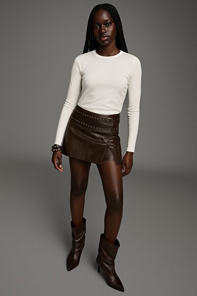 HAKKE Premium Viskon Bisiklet Yaka Crop Esnek Örme BLUZ