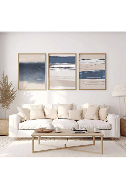 PAM STUDIO Modern Bej Lacivert 3’lü Tablo Seti - Soyut Çizgisel Poster Dekoru...
