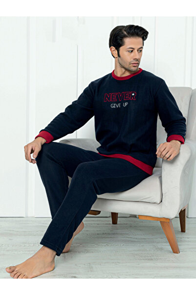 Wordex Falkom 7203 Yazılı Nakışlı Polar Kışlık Erkek Pijama Takımı Uyku Takımı