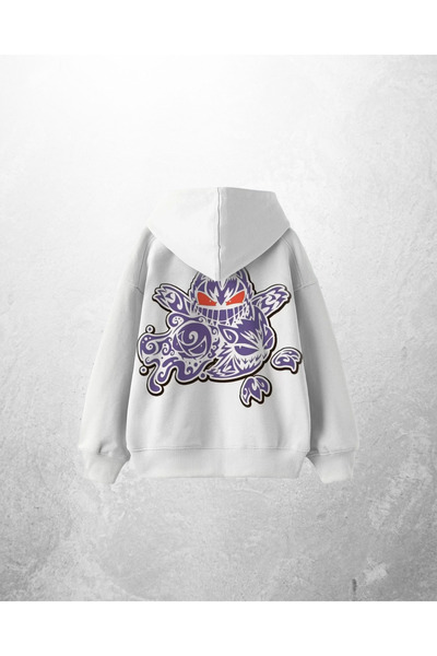 Gofeel Hanorac alb unisex Doodle Monster cu imprimeu supradimensionat Swea tr...