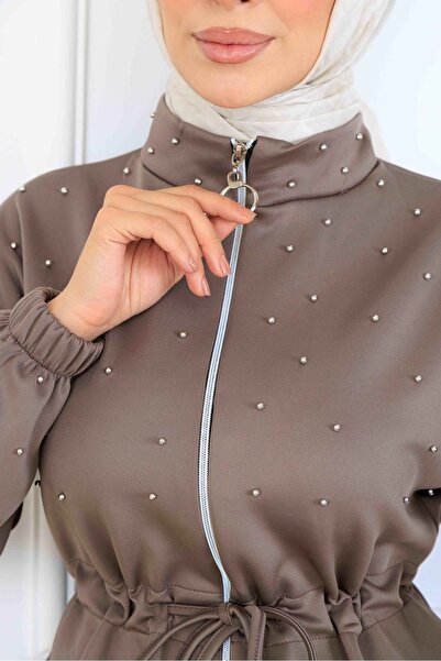 benguen Bead Detailed Scuba Double Suit N5361 Mink