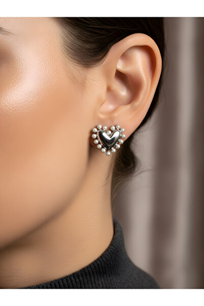 TURBİJ Silver Heart Earrings with Pearl Detail |   Romantic Elegant Women's E...