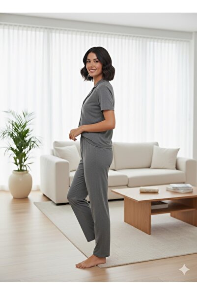 FAMES PİJAMA طقم بيجامة نسائية رمادية بتفاصيل أزرار