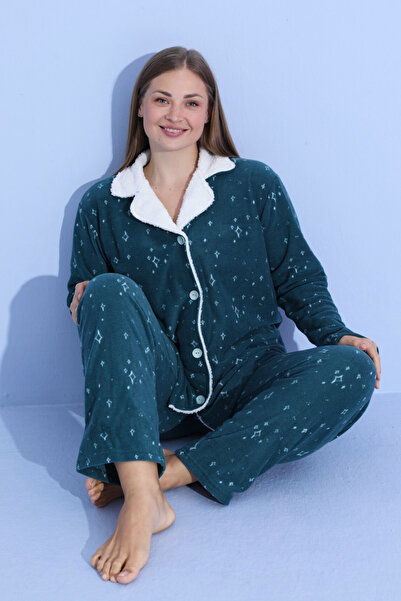 bigiyin Plus Size Buttoned Fleece Pajama Set Plus Size Winter Women's Pajama Set