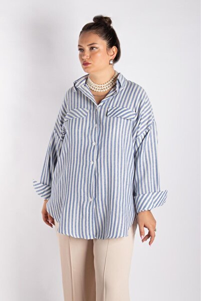 Bedrinxxl Kadın Büyük Beden Beyaz Çizgili Oversize Gömlek Rahat Kalıp Uzun Ko...