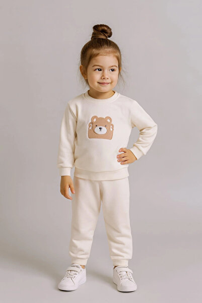 iklimix Cute Teddy Bear Embroidered 100% Cotton 2-Piece Girls' Transitional T...