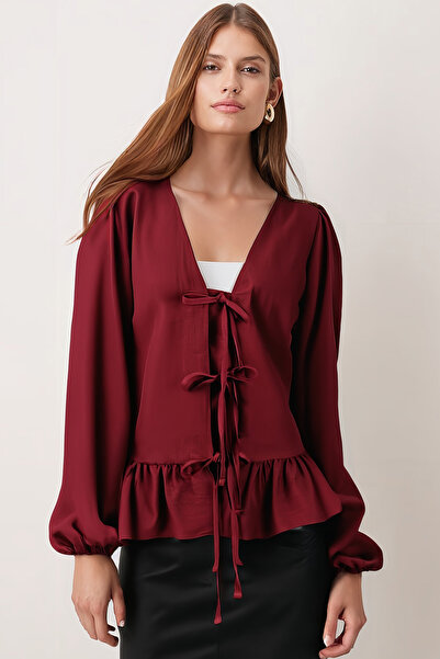 armonika Women's Burgundy Front Tie Blouse with Ruffled Hem and Elasticated Sleeves Arm-26K001019