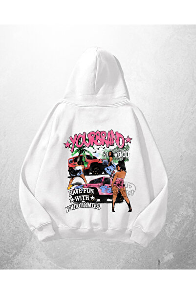 Gofeel Λευκό Unisex Your Brand με τύπωμα oversized Φούτερ με κουκούλα