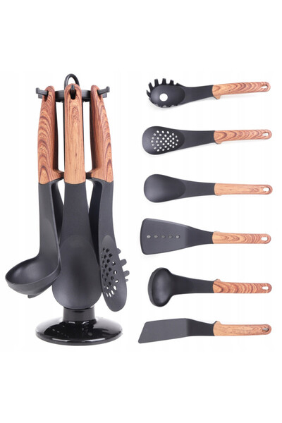 Royalty Line RL-U03 kitchen utensil set w/ stand, 7pcs, Polypropylene, Up to 210C, PFOA-free, Black